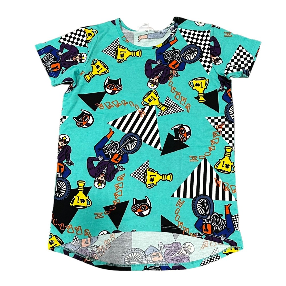 LuLaRoe Gracie Kids Top Motorcycle Trophy Graphic Teal High-Low Shirt Size 10
